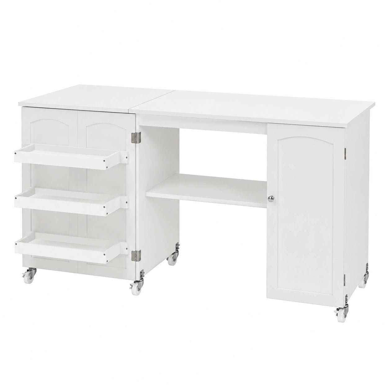 Table de Couture Pliable avec Étagères et Roulettes, Blanche