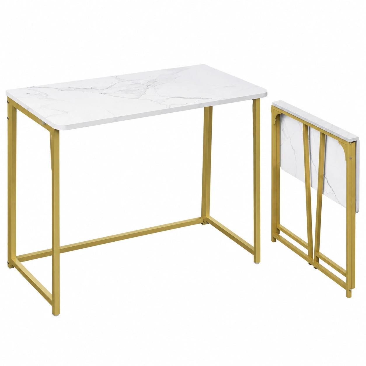 Bureau Pliable en Marbre Blanc 80 cm pour Petits Espaces avec Pieds Dorés