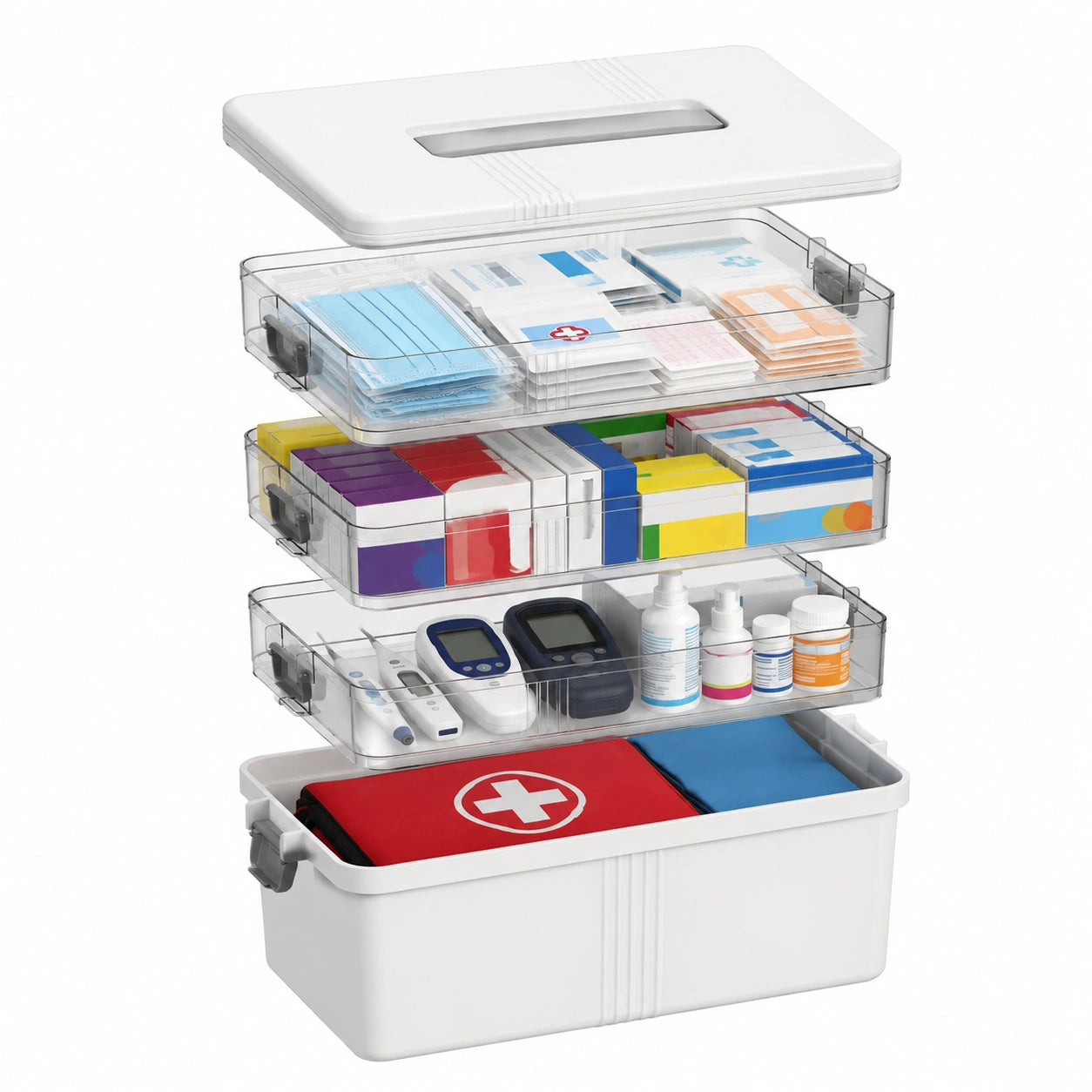 Boîte de Rangement Médicaments à 4 Niveaux avec Poignée et Couvercle