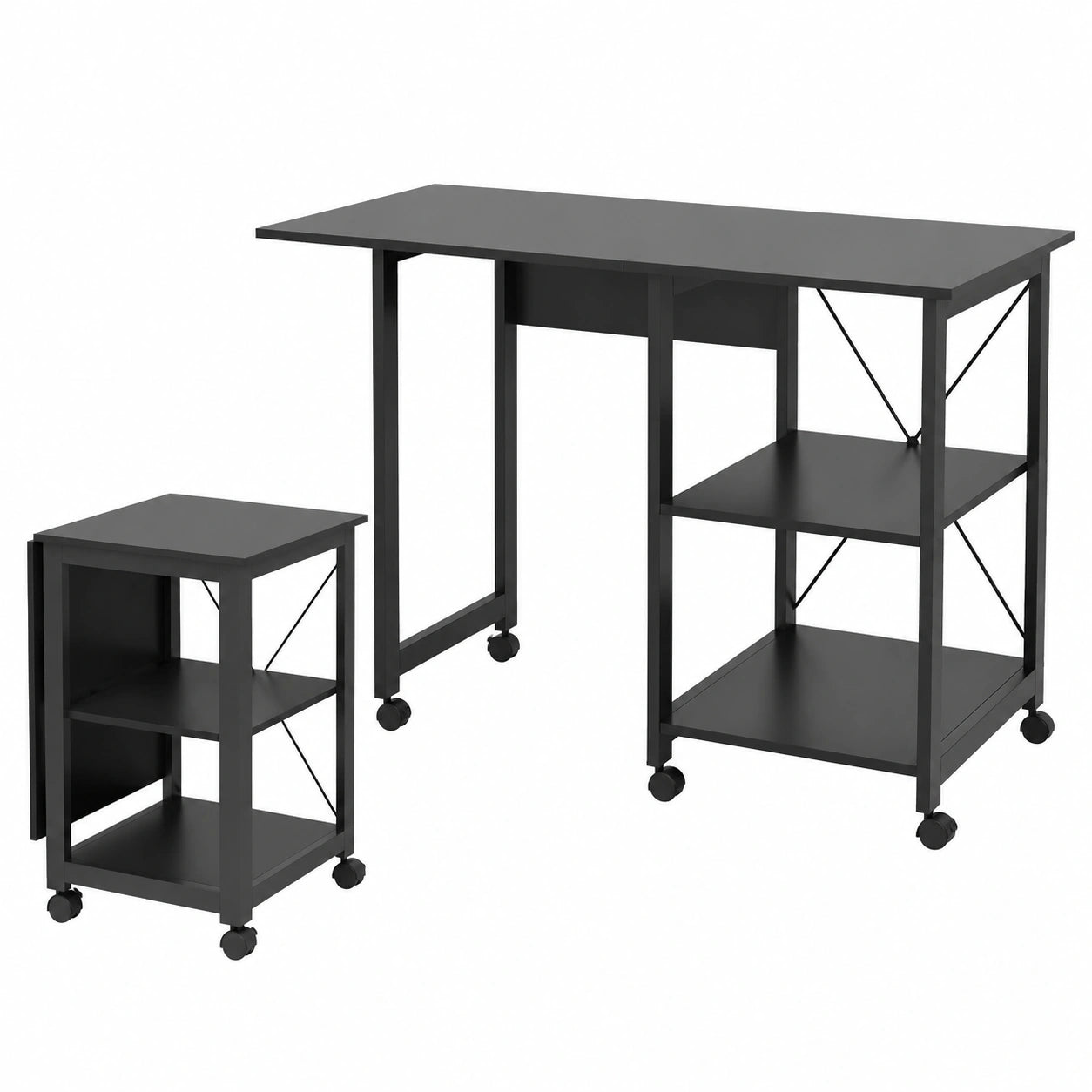 Bureau d'ordinateur pliable avec étagères et roulettes