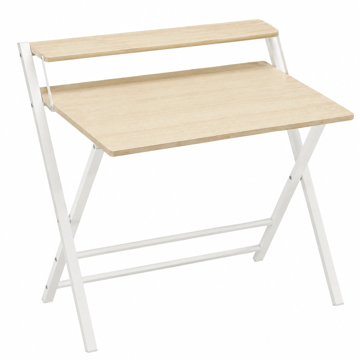 Bureau d'ordinateur pliable avec étagère surélevée et pieds en X, pour petits espaces